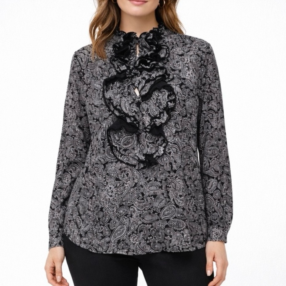 Lauren Ralph Lauren Black White Paisley Ruffle Front Long Sleeve Blouse Sz S